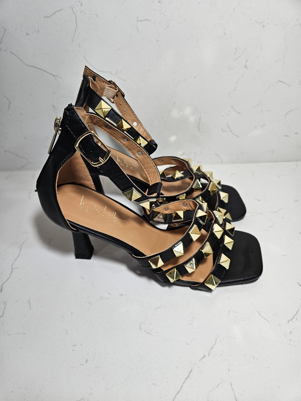 Nicole Miller Black Studded Strappy Heels with Gold Accents